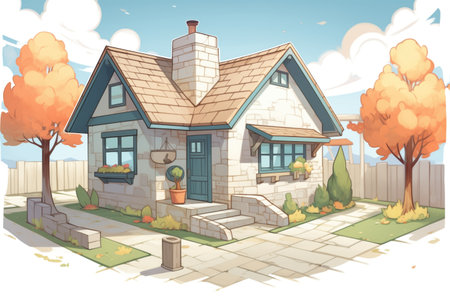 craftsman style house with stone path and overhanging eaves, magazine style illustration, created with generative aiの素材