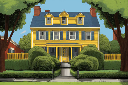dutch colonial house, yellow, flared eave, manicured hedges, magazine style illustration, created with generative aiの素材
