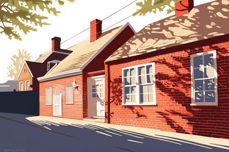 sun casting shadows on a red brick dutch colonials flared eave, magazine style illustration, created with generative aiの素材