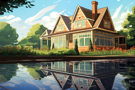 dutch colonial house reflecting in a nearby pond, magazine style illustration, created with generative aiの素材