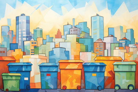 recycling bins in front of a cityscape, created with generative aiの素材