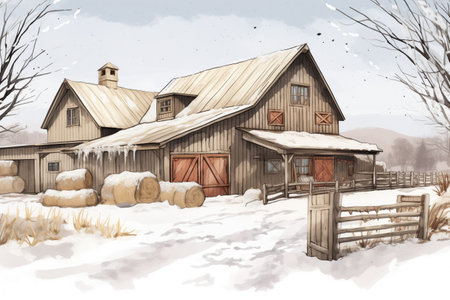snow-covered farmhouse with barn-inspired wooden extensions, magazine style illustration, created with generative aiの素材