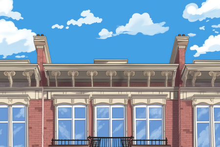clear shot of georgian windows with dentil molding against blue sky, magazine style illustration, created with generative aiの素材