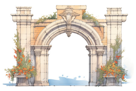 a direct view of a gothic revival archway carved in stone, magazine style illustration, created with generative aiの素材