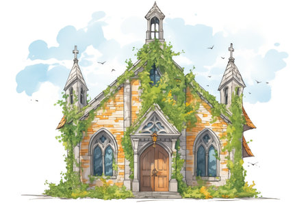 ivy-covered gothic revival stone building in summer, magazine style illustration, created with generative aiの素材