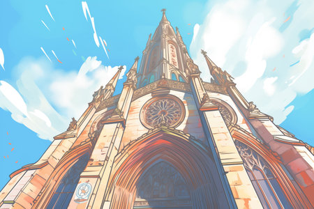low angle shot of gothic cathedral with wooden carvings, magazine style illustration, created with generative aiの素材