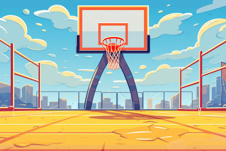 bright yellow basketball net on a hard court against clear sky backdrop, created with generative aiの素材