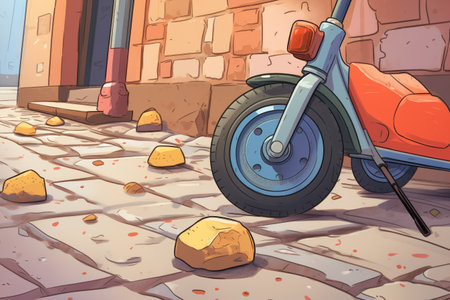 close-up of an e-scooter wheel and kickstand on cobblestones, created with generative aiの素材