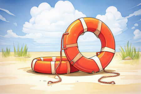 red life buoy lying in the sand, created with generative aiの素材