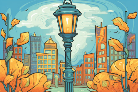 a detailed lantern pole against a city background, created with generative aiの素材