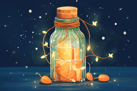 glowing string lights wrapped around a glass bottle, created with generative aiの素材