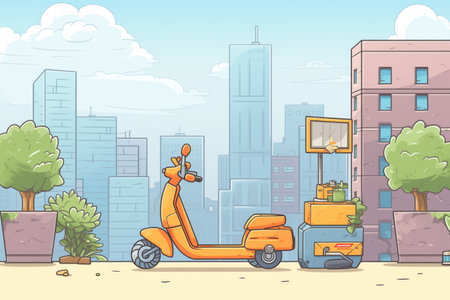 electric scooter stationed against a concrete jungle backdrop, created with generative aiの素材
