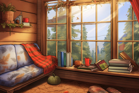 comfortable reading corner next to a large cabin window, magazine style illustration, created with generative aiの素材