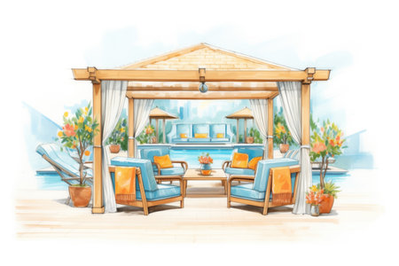 luxurious poolside lounge area under a pergola, created with generative aiの素材