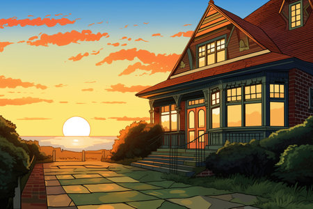 sunrise illuminating the facade of a shingle style seaside property, magazine style illustration, created with generative aiの素材
