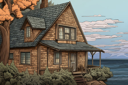 overcast weather emphasizing the wood-shingle facade texture, magazine style illustration, created with generative aiの素材