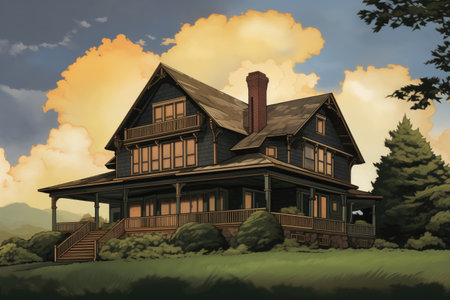 shingle style house shot during a cloudy afternoon, magazine style illustration, created with generative aiの素材