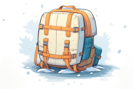 snow-covered camping backpack, created with generative aiの素材
