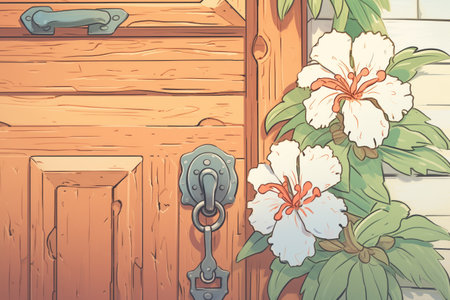 close-up of the wood detailing on craftsman style door, magazine style illustration, created with generative aiの素材
