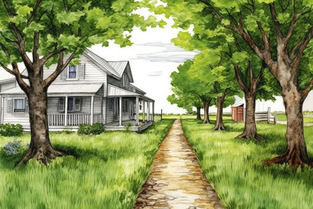 young trees lining the pathway to the farmhouse porch, magazine style illustration, created with generative aiの素材