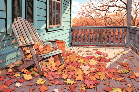 colorful fall leaves scattered on farmhouse porch, magazine style illustration, created with generative aiの素材