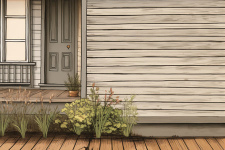 closeup of wooden claddings on a saltbox home, magazine style illustration, created with generative aiの素材