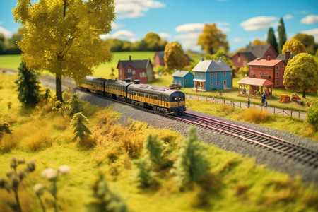 detailed rural scenery with passing model train, created with generative aiの素材