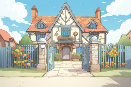 ornamental gate leading to a tudor house, magazine style illustration, created with generative aiの素材