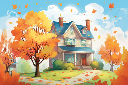 two-story colonial house amidst the autumn leaves, magazine style illustration, created with generative aiの素材