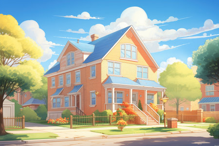 wide-angle shot of two-story colonial during sunny afternoon, magazine style illustration, created with generative aiの素材