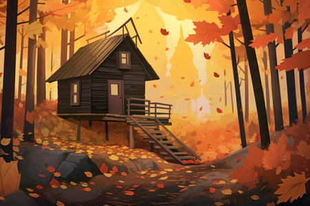 cabin in the woods among autumn colors, magazine style illustration, created with generative aiの素材