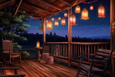 balcony of log cabin decorated with lanterns at twilight, magazine style illustration, created with generative aiの素材