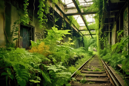 greenery encroaching on abandoned elevated railway tracks, created with generative aiの素材