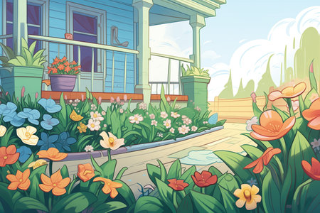 close up of massed flower bed close to wrap-around porch, magazine style illustration, created with generative aiの素材