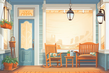 victorian home porch with decorative porch light, magazine style illustration, created with generative aiの素材