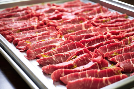 rows of beef slices arranged on a stainless steel tray, created with generative aiの素材