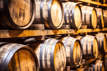 close-up shot of bourbon aging barrels stacked in a cellar, created with generative aiの素材