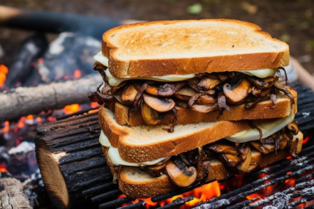 sandwich with caramelized onions and mushrooms, toasted over a smoky campfire, created with generative aiの素材