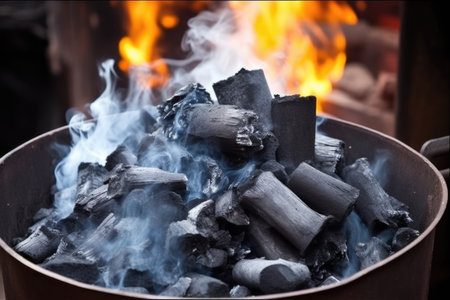 charcoals burning with smoke in a cylindrical chimney starter, created with generative aiの素材