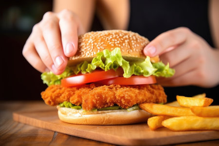 hand placing a chicken nugget on a sandwich, created with generative aiの素材