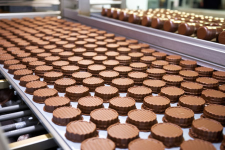 multiple rows of chocolate coins in production line, created with generative aiの素材
