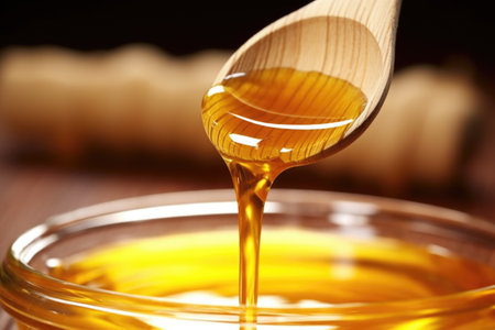 close-up of syrup drizzling off a wooden spoon, created with generative aiの素材