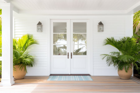 central door of a coastal colonial house, a classic white setup, created with generative aiの素材