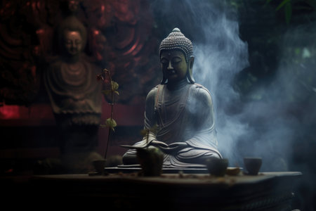 incense smoke near a buddha statue, created with generative aiの素材