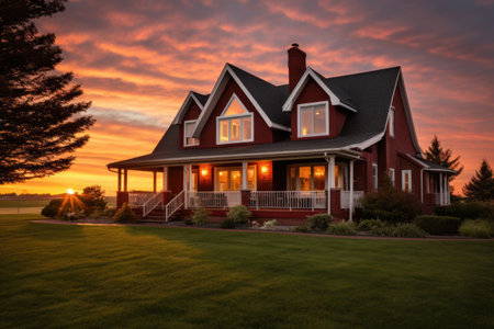 a sunrise shoot with a red brick farmhouse featuring gabled entry, created with generative aiの素材