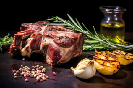 roasted garlic bulbs and rosemary near a lamb neck fillet, created with generative aiの素材