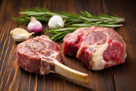 half a garlic bulb next to bone-in lamb chops rubbed with rosemary, created with generative aiの素材