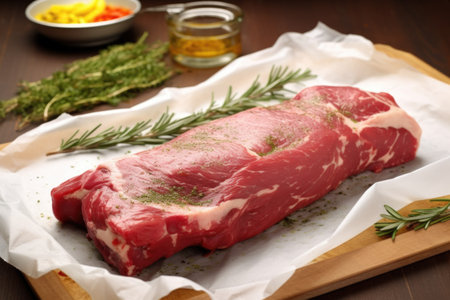 whole raw lamb leg prepped with garlic and rosemary rub, on butcher paper, created with generative aiの素材