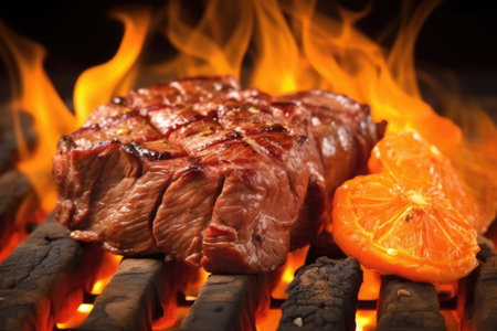 garlic bbq steak tips against a bright orange flame, created with generative aiの素材