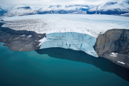 aerial view of a glacier calving into a fjord, created with generative aiの素材